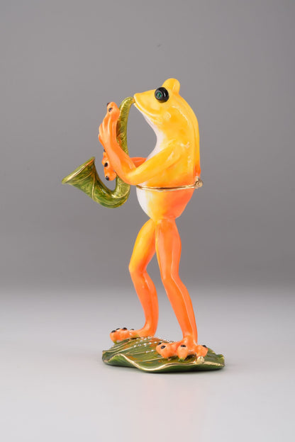 Frog Playing a Saxophone - Handcrafted Enamel Musician Figurine Orchid Menoetius