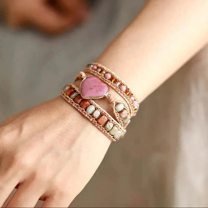 Rhodonite Heart Wrap Bracelet Copper Pallas