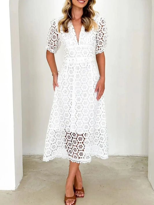 Eyelet Lace V-Neck Midi Dress with Puff Sleeves Crimson Medea