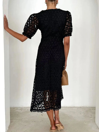 Eyelet Lace V-Neck Midi Dress with Puff Sleeves Crimson Medea