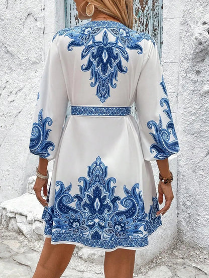 Paisley V-Neck 3/4 Sleeve Mini Dress – Elegant Boho Style Crimson Medea