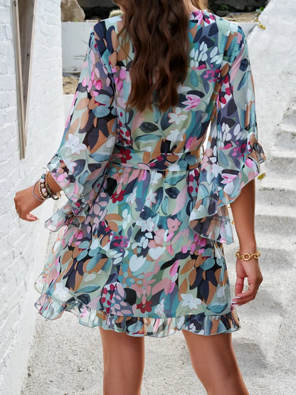 Ruffled Printed Mini Dress with Surplice Neckline and Half Sleeves Crimson Medea