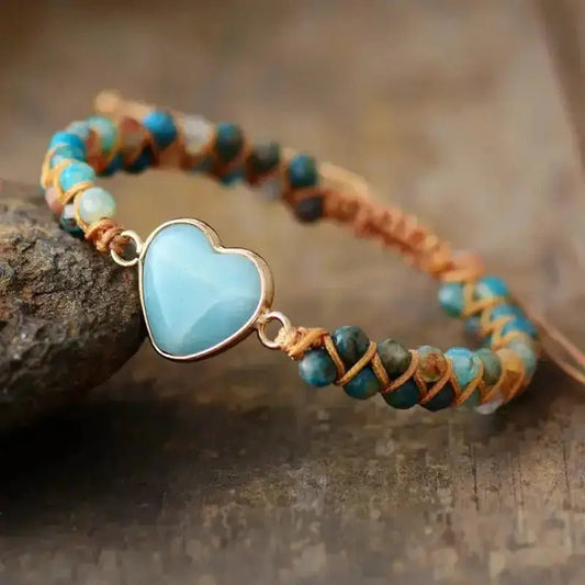 Amazonite Heart Charm Macrame Bracelet Copper Pallas