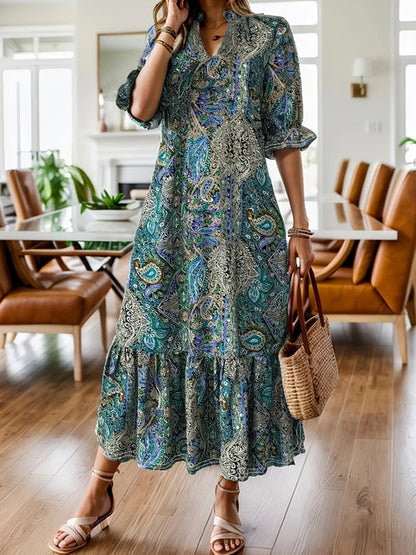 Paisley Print Ruffle Midi Dress - Plus Size Boho Style Crimson Medea
