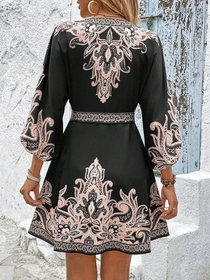 Paisley V-Neck 3/4 Sleeve Mini Dress – Elegant Boho Style Crimson Medea