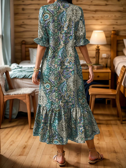 Paisley Print Ruffle Midi Dress - Plus Size Boho Style Crimson Medea