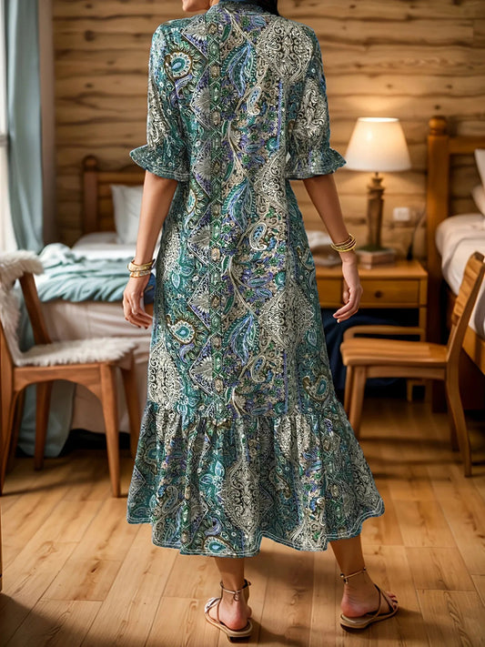 Paisley Print Ruffle Midi Dress - Plus Size Boho Style Crimson Medea