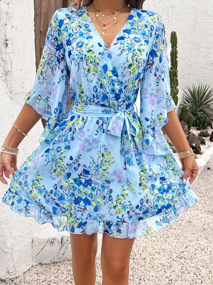 Ruffled Printed Mini Dress with Surplice Neckline and Half Sleeves Crimson Medea