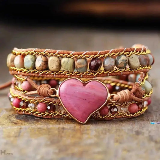Rhodonite Heart Wrap Bracelet Copper Pallas
